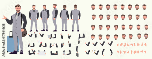 Man Character design. Front, side, back view and explainer animation poses. Character set with lip sync and facial expressions of Happy, angry, sad, Joy with Side walk cycle animation sequence sprite 