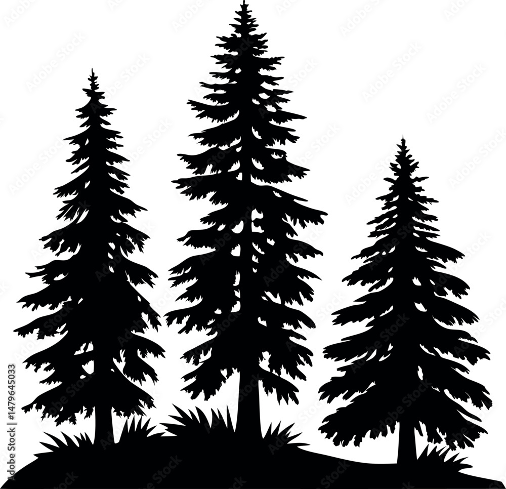 Obraz premium Natural woodland vector with fir and pine tree silhouettes in black.