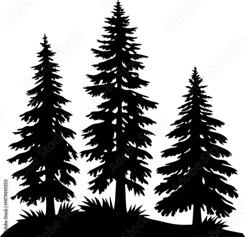 Natural woodland vector with fir and pine tree silhouettes in black.