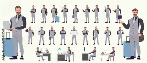 Man Character design. Front, side, back view and explainer animation poses. Character set with lip sync and facial expressions of Happy, angry, sad, Joy with Side walk cycle animation sequence sprite 