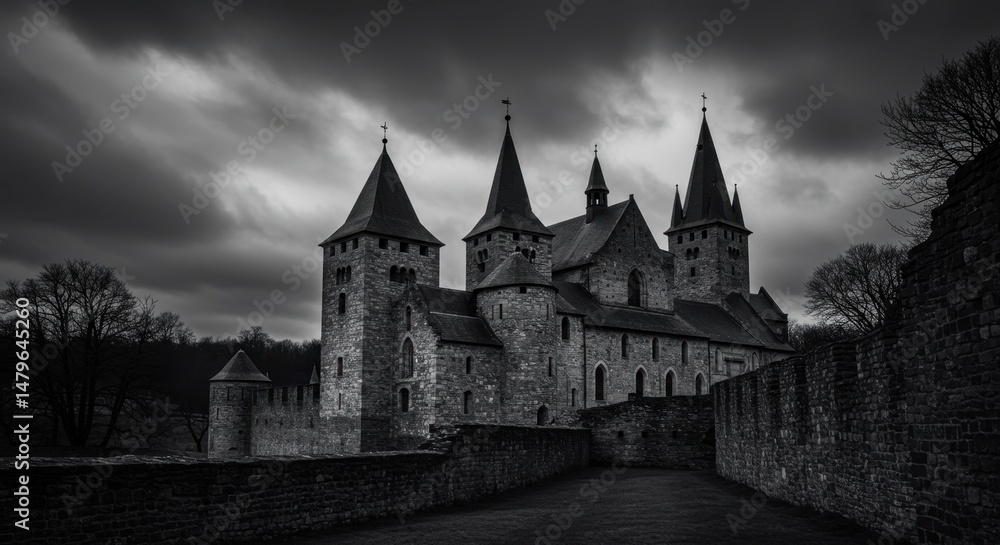Medieval castle with multiple spires under dramatic stormy sky. Gothic architecture in black and white. Moody landscape photography for book cover or wall art. Medieval castle with multiple spires under dramatic stormy sky. Gothic architecture in black and white. Moody landscape photography for book cover or wall art.
