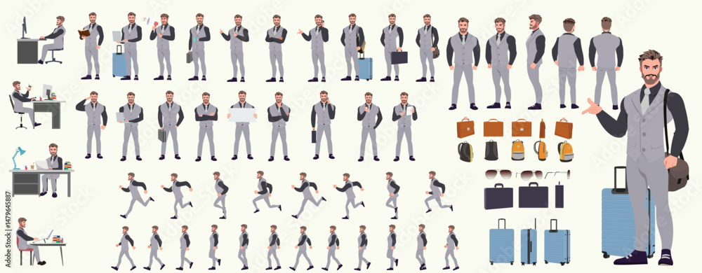 Man Character design. Front, side, back view and explainer animation poses. Character set with lip sync and facial expressions of Happy, angry, sad, Joy with Side walk cycle animation sequence sprite Man Character design. Front, side, back view and explainer animation poses. Character set with lip sync and facial expressions of Happy, angry, sad, Joy with Side walk cycle animation sequence sprite