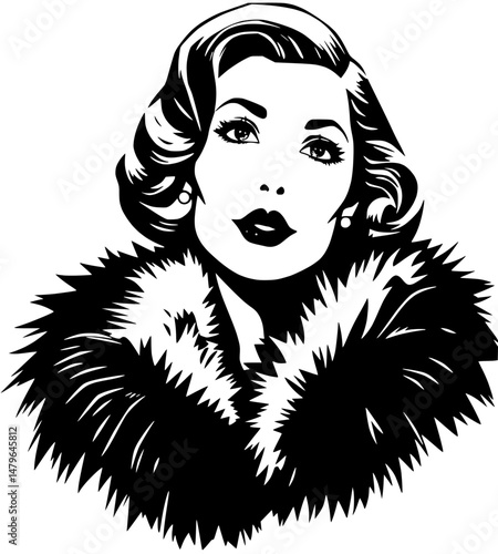 Elegant Woman in Fur, Black and White Portrait Illustration