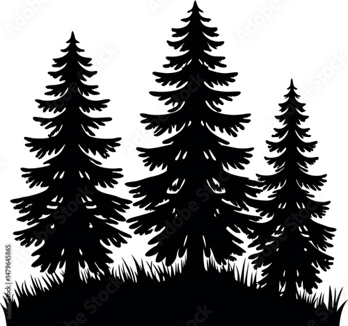 Minimalist forest silhouettes — pine and fir trees in black vector style.