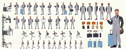 Man Character design. Front, side, back view and explainer animation poses. Character set with lip sync and facial expressions of Happy, angry, sad, Joy with Side walk cycle animation sequence sprite 