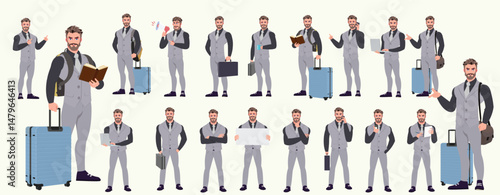 Man Character design. Front, side, back view and explainer animation poses. Character set with lip sync and facial expressions of Happy, angry, sad, Joy with Side walk cycle animation sequence sprite 