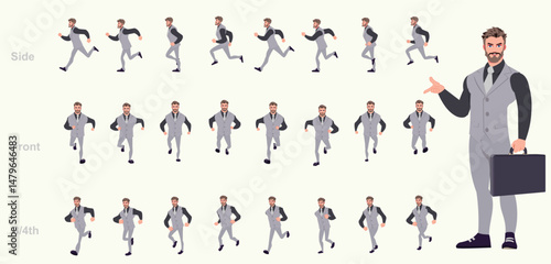 Man Character design. Front, side, back view and explainer animation poses. Character set with lip sync and facial expressions of Happy, angry, sad, Joy with Side walk cycle animation sequence sprite 