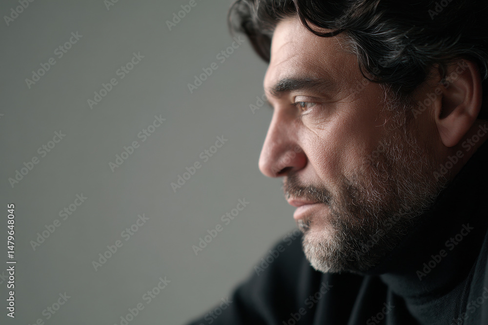 Fototapeta premium portrait of thoughtful philologist on right side of frame his face expressing concentration and depth of thought
