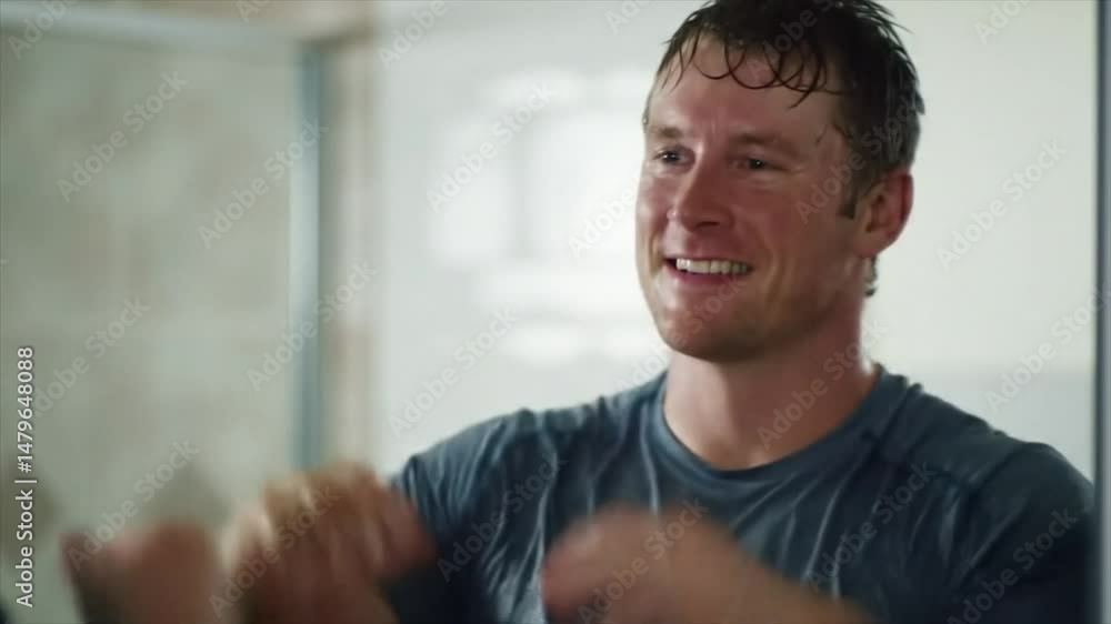A man of Caucasian ethnicity looks at himself in the mirror, smiling after an intense workout session. The moment reflects his perseverance and the joy of achieving fitness goals A man of Caucasian ethnicity looks at himself in the mirror, smiling after an intense workout session. The moment reflects his perseverance and the joy of achieving fitness goals