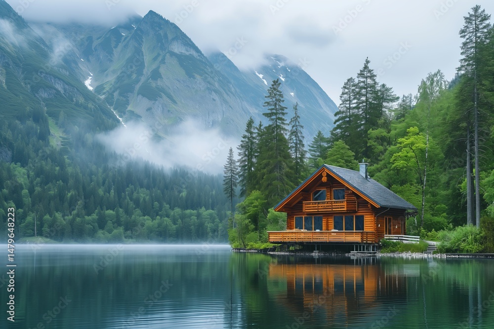 Fototapeta premium Spectacular mountain view with a lakeside cabin surrounded by lush greenery and misty peaks