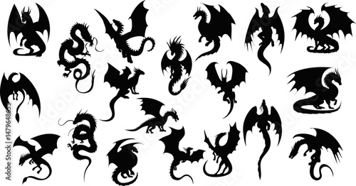 set of winged dragons silhouette, vector
