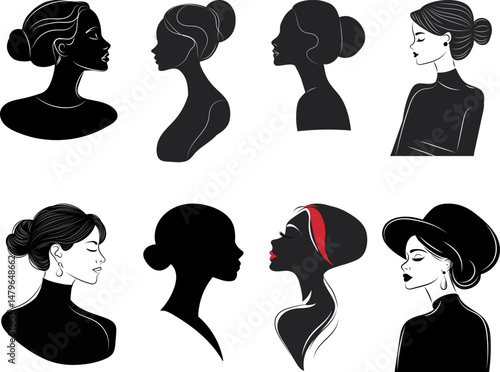 set of beautiful elegant women portrait silhouette, vector