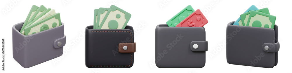 Obraz premium Wallet Icons – Cash Filled 3D Wallets – PNG Clipart Set