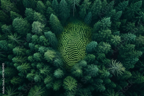 Unique forest design shaped like a human fingerprint captured from above in a vibrant green landscape
