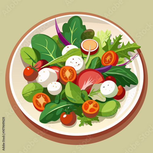 Fresh and Colorful Salad with Tomatoes. Mozzarella and Greens