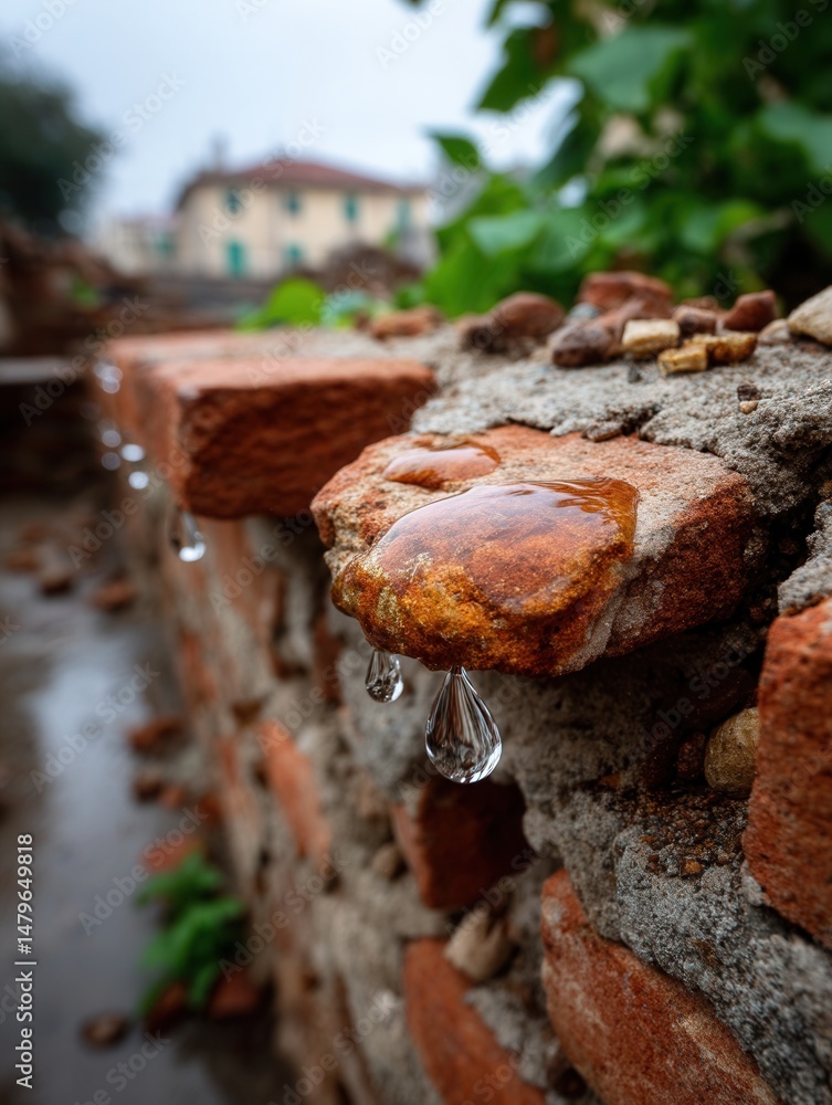 Fototapeta premium Close-up of water dripping from a rustic brick wall with greenery and building in the background, detailed macro shot