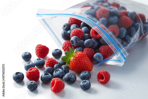 Fresh Raspberries Blueberries and Strawberry Spilling from a Ziploc Bag