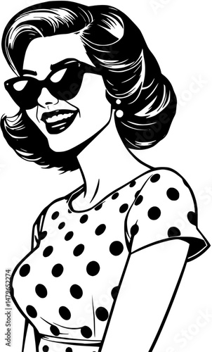 Retro Girl with Polka Dot Dress and Sunglasses