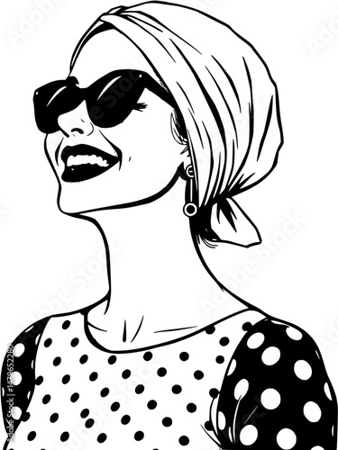 Smiling Woman in Sunglasses, Headscarf, and Polka Dot Dress