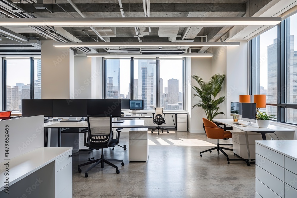 Fototapeta premium Contemporary Office Interior Design in an Urban Setting with Bright Organized Workstations and White Surfaces