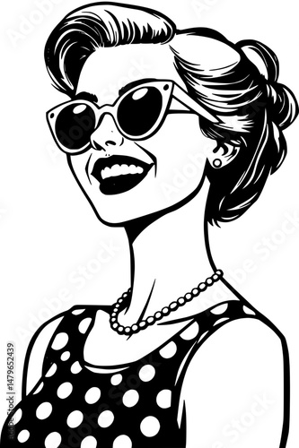Smiling woman in sunglasses and polka dot dress