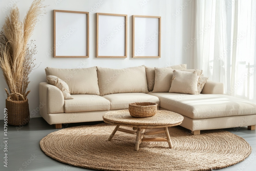 Fototapeta premium Boho style interior featuring a frame and poster mockup, created using 3d rendering and 3d illustration