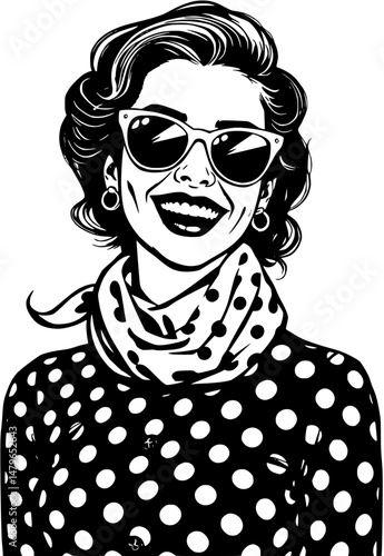 Vintage Woman in Polka Dots Smiling with Sunglasses
