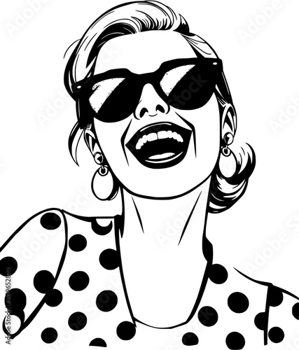 Smiling Woman with Sunglasses and Polka Dot Dress Illustration