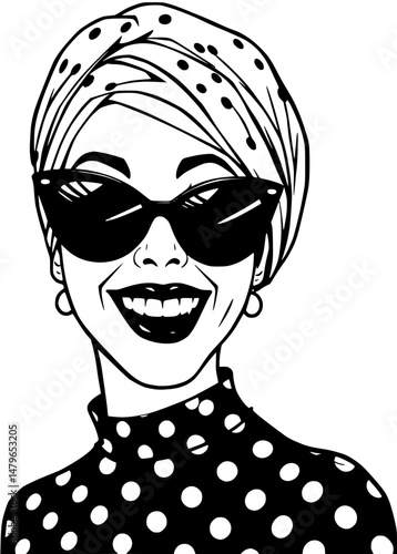 Retro Polka Dot Woman with Turban and Sunglasses Illustration