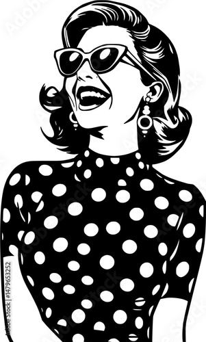 Black and White Retro Illustration of Laughing Woman with Polka Dots