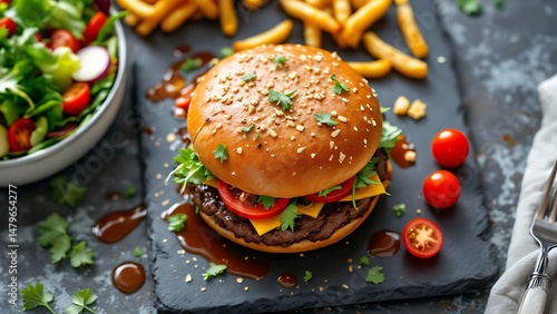 Wallpaper Mural Delicious burger with french fries and salad served on a black slate plate Torontodigital.ca