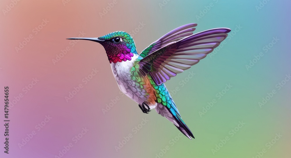 Naklejka premium Jeweltoned hummingbird in flight against a pastel gradient backdrop