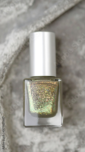 Shimmery nail polish with a holographic finish. Perfect for beauty blogs, cosmetic ads, and lifestyle content. Represents selfcare, glamour, and modern style.