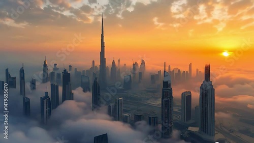 Sunrise Over Dubai City Center Featuring Iconic Luxury Skyscrapers and Vibrant Skyline in the United Arab Emirates with Cinematic Golden Light and Dramatic Urban Perspective