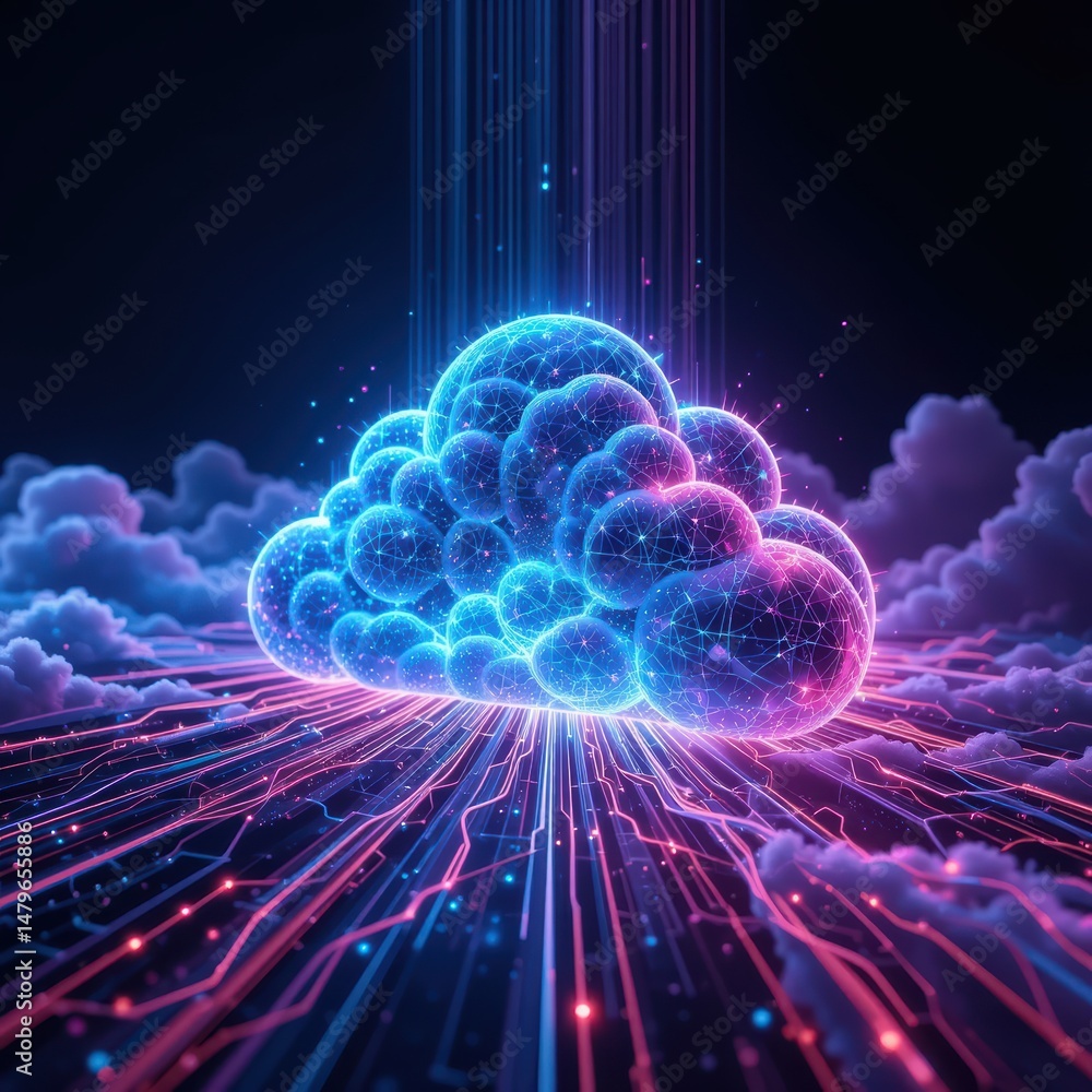 Abstract Cloud Computing Network: Digital Data Flow, Neon Glow, Futuristic Technology Abstract Cloud Computing Network: Digital Data Flow, Neon Glow, Futuristic Technology