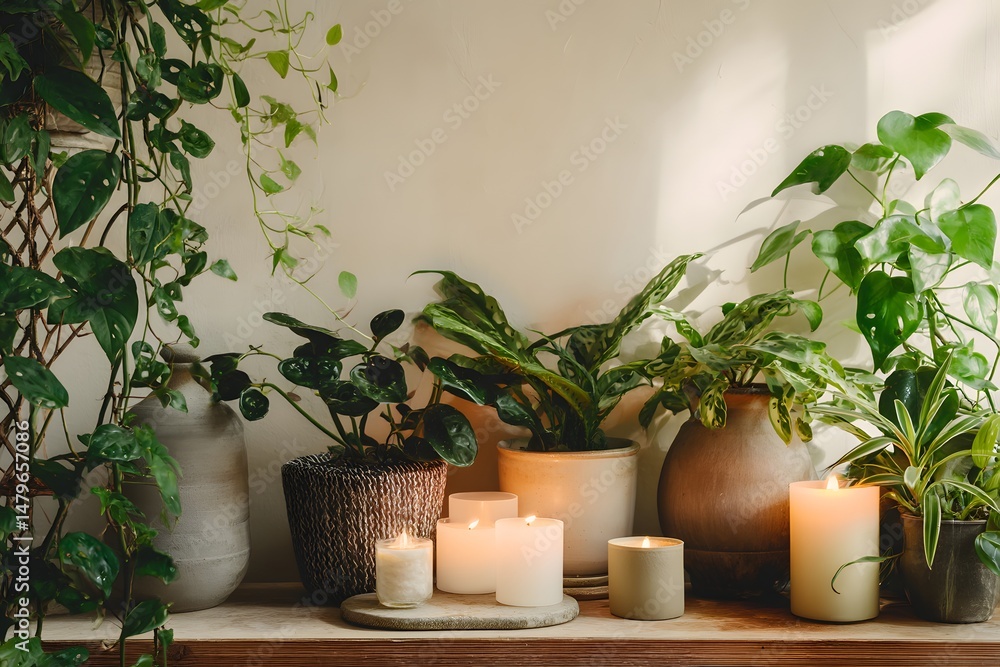 Obraz premium A Calming Indoor Oasis A Serene Still Life of Lush Greenery and Warm Candlelight Perfect for Relaxation and Aesthetically Pleasing Home Decor Ideas