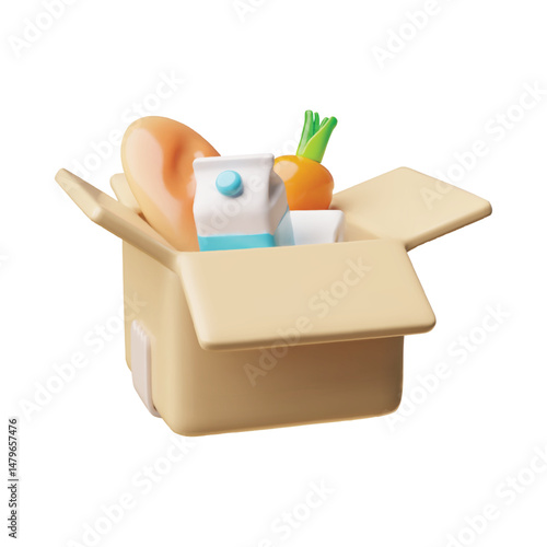 Cardboard box with food products 3D vector illustration, cartoon container with baguette bread, milk and vegetables