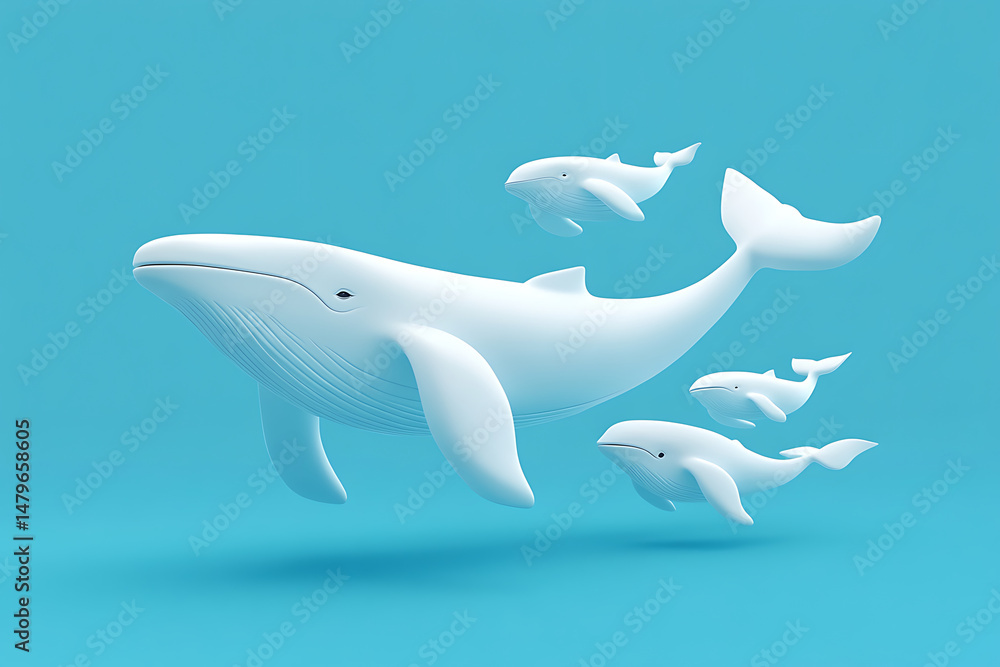 Fototapeta premium Stylized 3D whales swimming gracefully in a vibrant blue ocean background, showcasing marine life