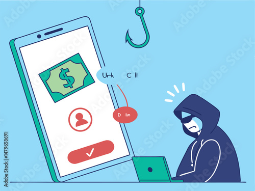 Phone Scam and Phishing Alert Vector – Cybercrime Warning with Hacker, Hook, and Binary Code