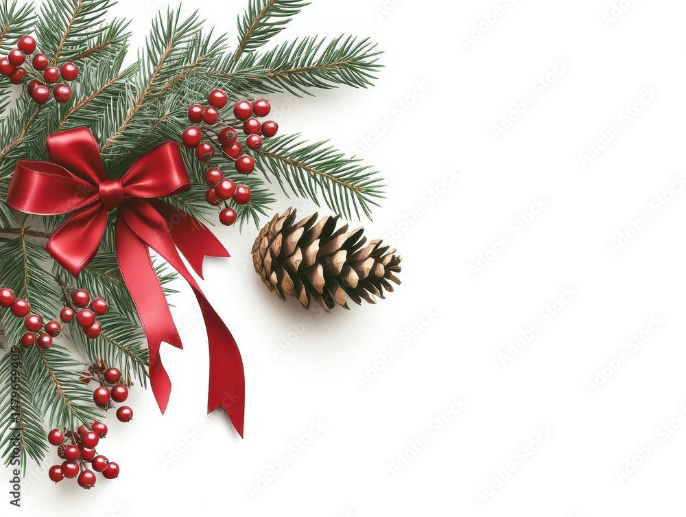 Holiday Corner Border. Christmas Composition with Pine Twigs and Red Silk Ribbon Bow Holiday Corner Border. Christmas Composition with Pine Twigs and Red Silk Ribbon Bow