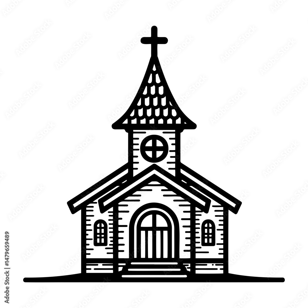 Fototapeta premium Vintage church drawing with cross and arched windows in black outline 