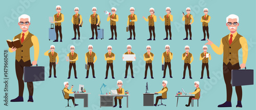 Man Character design. Front, side, back view and explainer animation poses. Character set with lip sync and facial expressions of Happy, angry, sad, Joy with Side walk cycle animation sequence sprite 