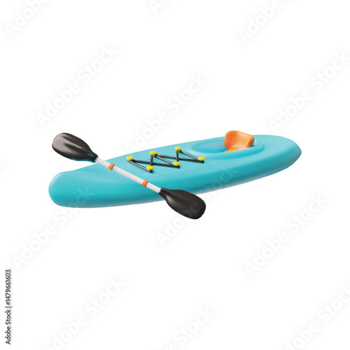 3d vector illustration of canoe, blue with paddle. Vessel for extreme recreation.