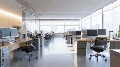 Sunlit Open-Plan Office with Modern Workstations and Glass Walls