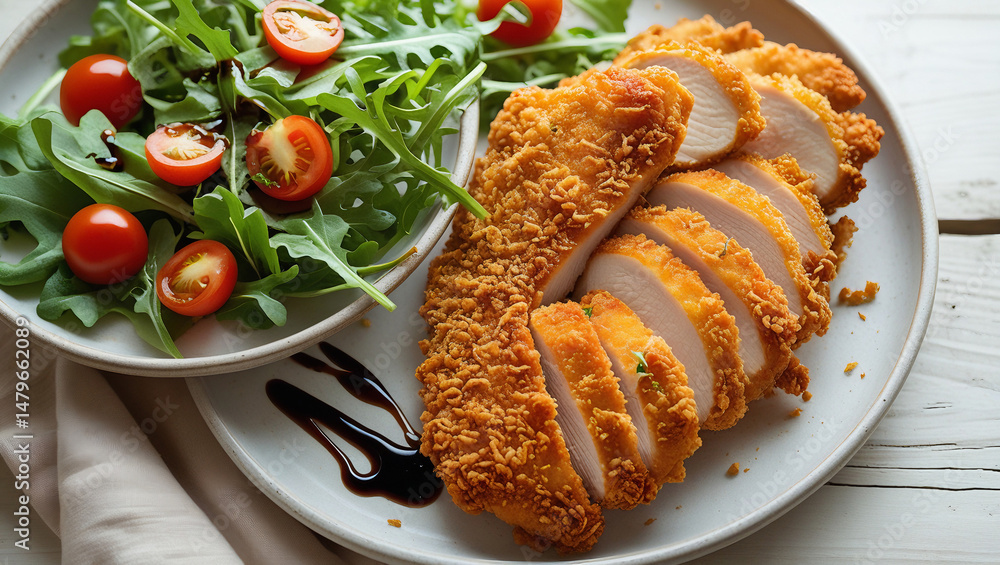 Golden breaded chicken paired with balsamic cherry tomatoes. Ideal for healthy comfort food branding and food blogs. Golden breaded chicken paired with balsamic cherry tomatoes. Ideal for healthy comfort food branding and food blogs.