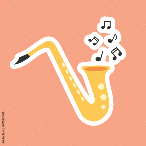 Saxophone sticker with music notes on isolated  background.Vector illustration