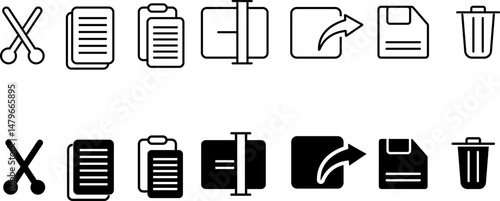 Cut, copy, paste, rename, share, save and delete icon. Document options icons. File option sign

