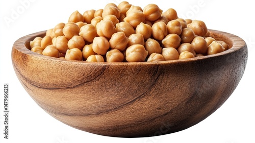 Wooden bowl filled with cooked chickpeas, isolated on a transparent background.
