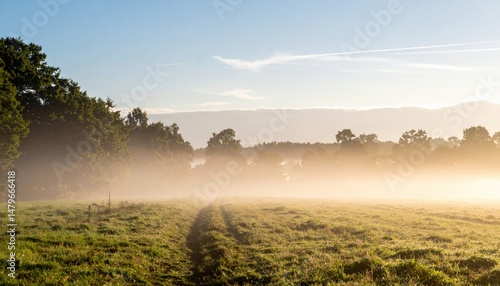 Wallpaper Mural Serene morning fog rolling over green fields rural landscape nature photography tranquil environment wide angle view Torontodigital.ca
