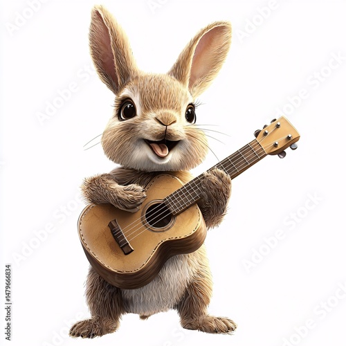 3D Cute Rabbit Playing Guitar on White Background High Resolution